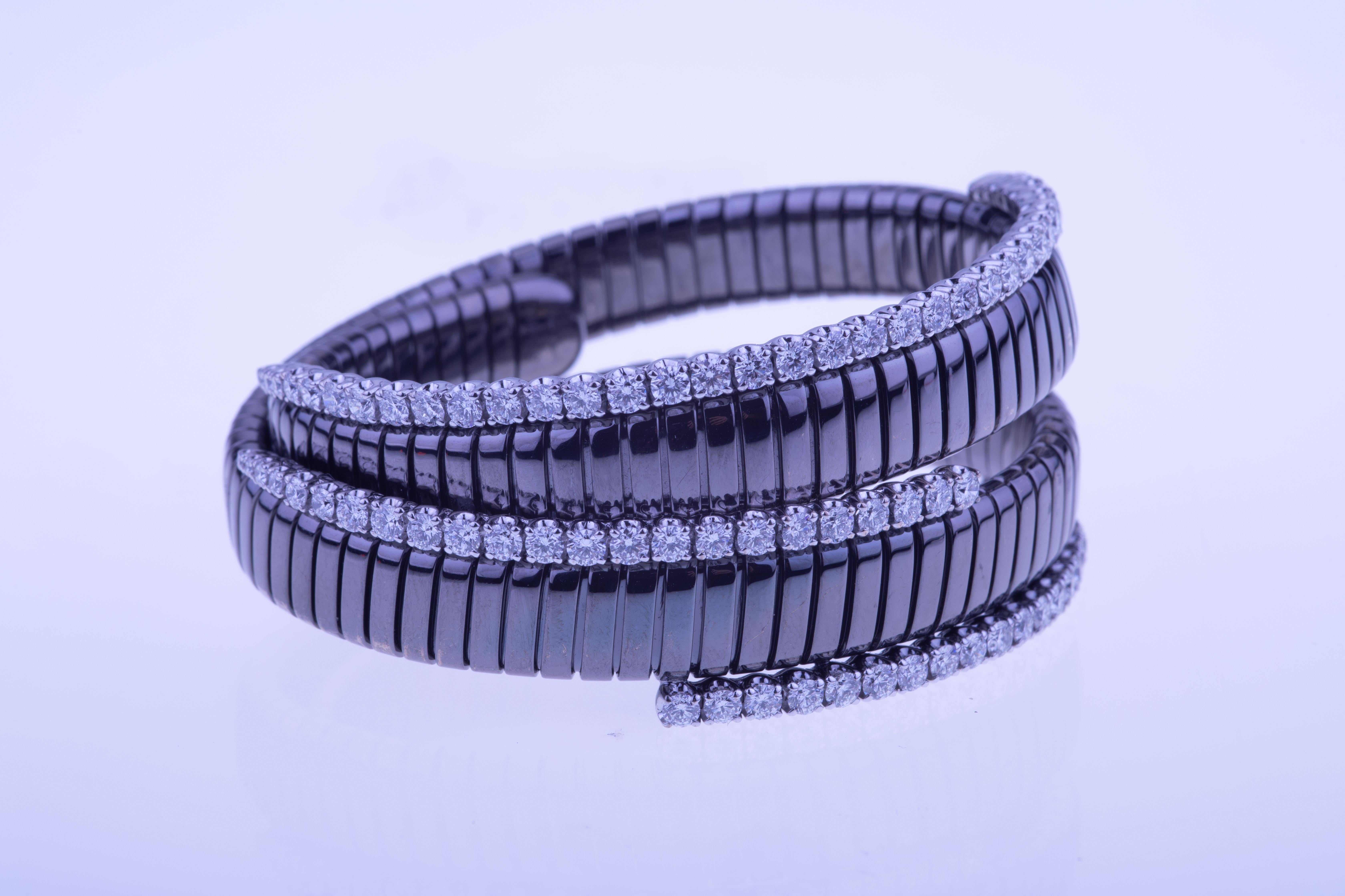 Contemporary Gold Mesh Tubo Gas Bracelet Schwarz mit Ruthenium und Diamanten Damen im Angebot