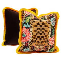 Contemporary Golden And Brown Cotton And Silk Fringe Tiger Pair Of Pillows