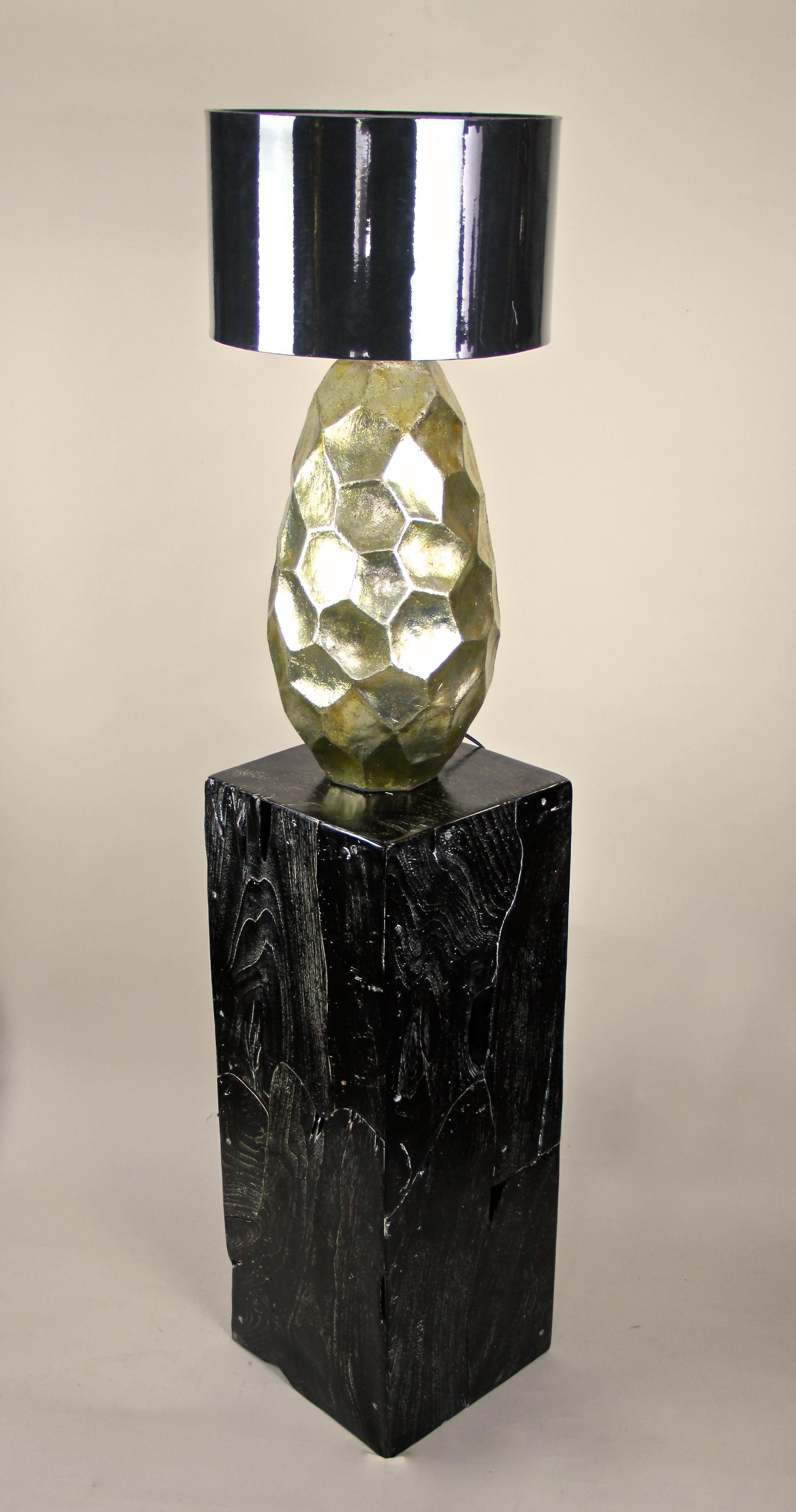 Contemporary Golden Ceramic Table Lamp Glazed on Black Teak Pedestal For Sale 1
