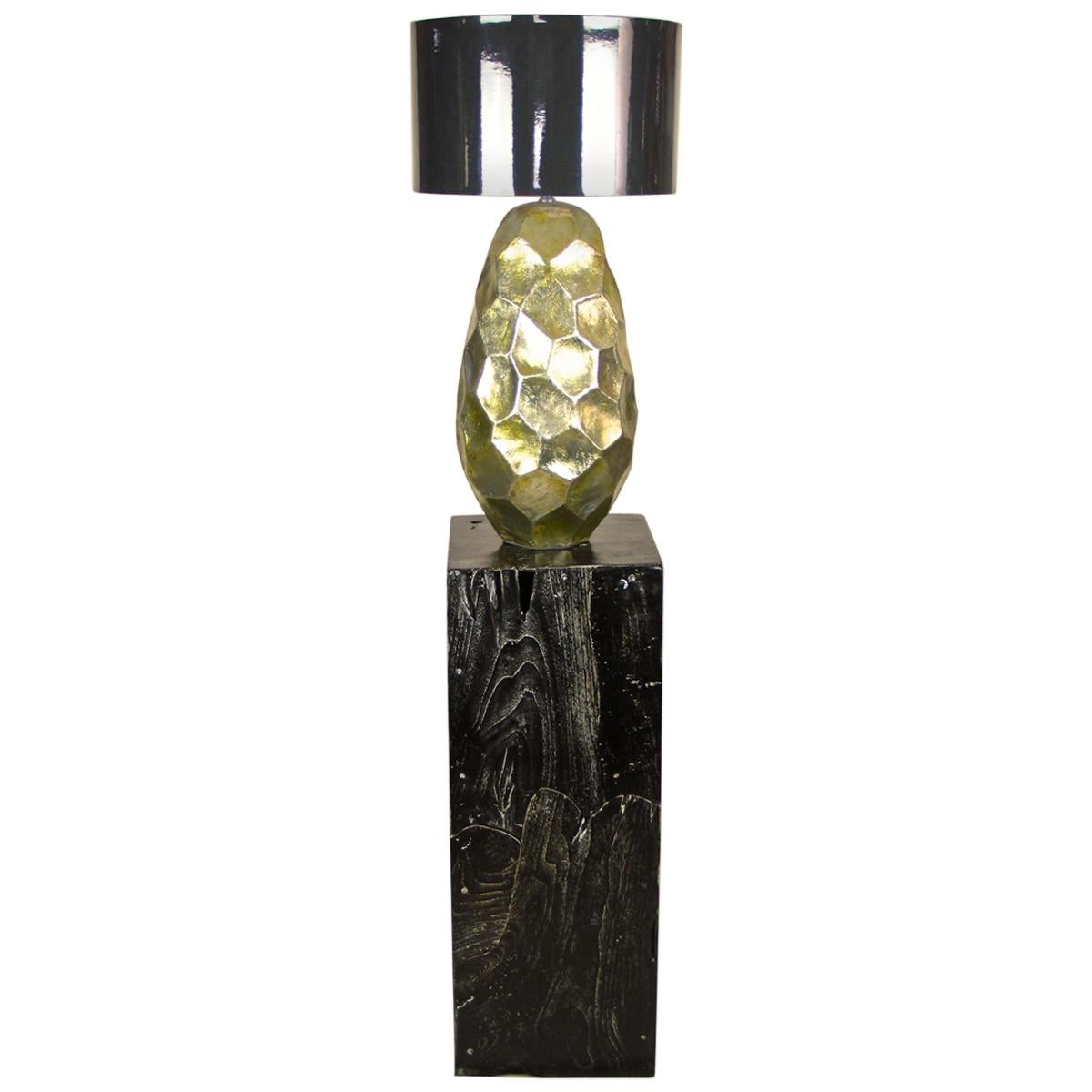 Contemporary Golden Ceramic Table Lamp Glazed on Black Teak Pedestal For Sale