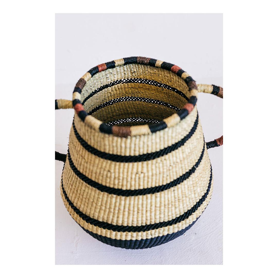 Ghanaian Contemporary Ethnic Handwoven Straw basket Striped Handle Natural Black