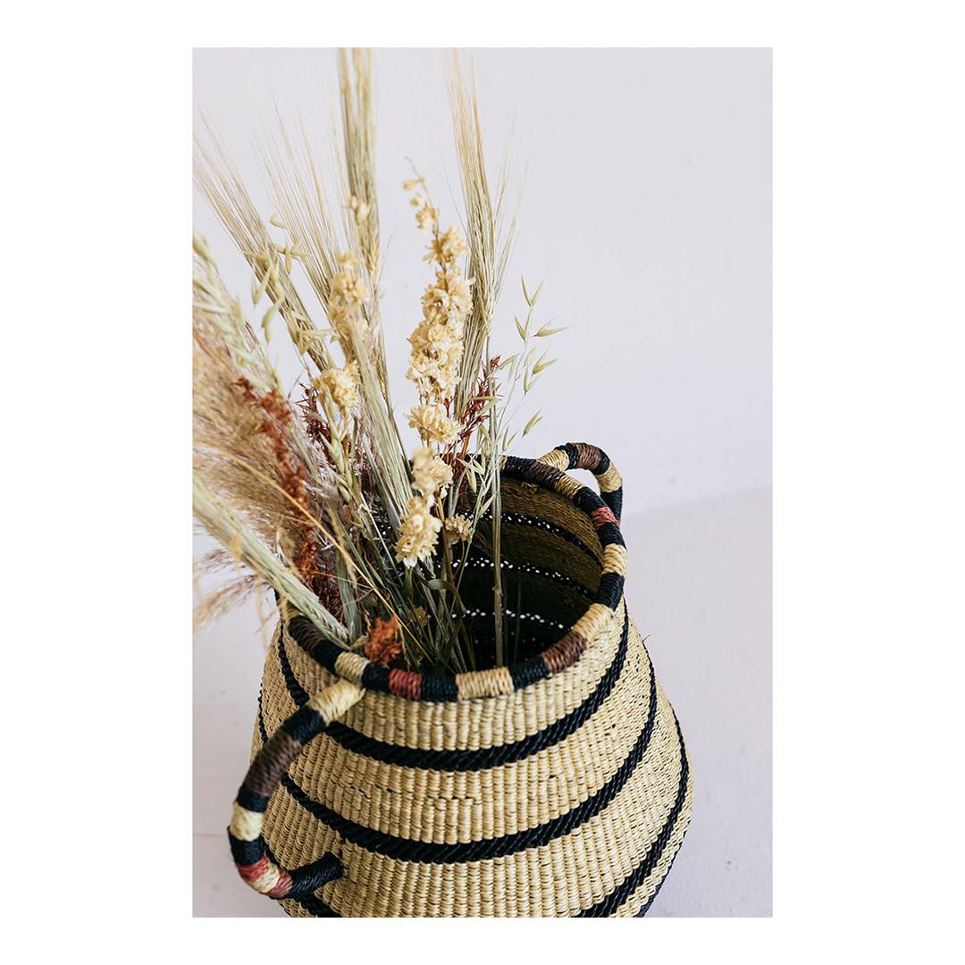 Hand-Woven Contemporary Ethnic Handwoven Straw basket Striped Handle Natural Black