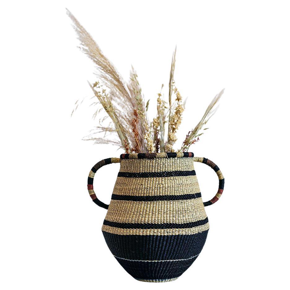 Modern Contemporary Ethnic Handwoven Straw basket Striped Handle Natural Black