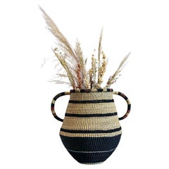 Contemporary Golden Editions Large Pot or Vase Handwoven Straw Striped Handle
