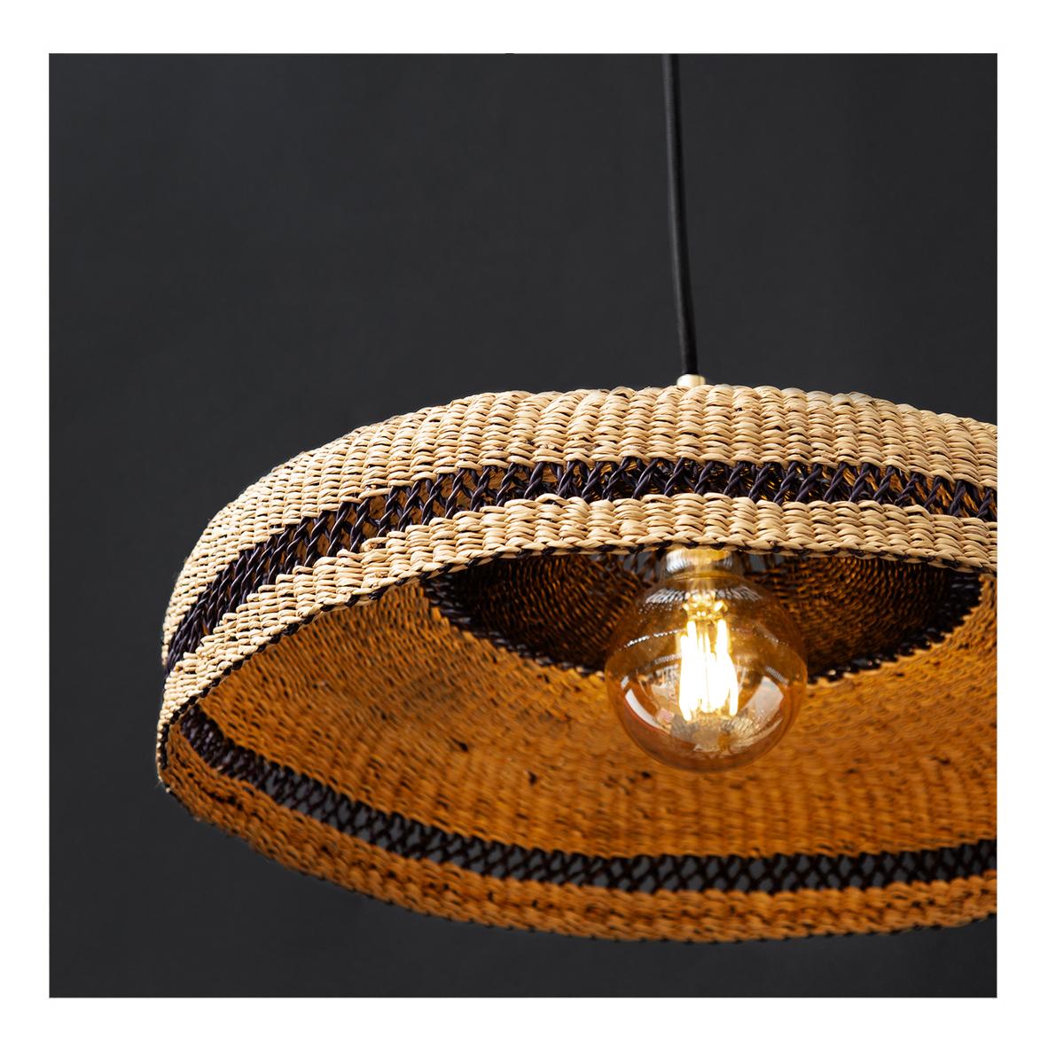 Ghanaian Contemporary Golden Editions Medium Pendant Lamp Handwoven Straw Natural Black