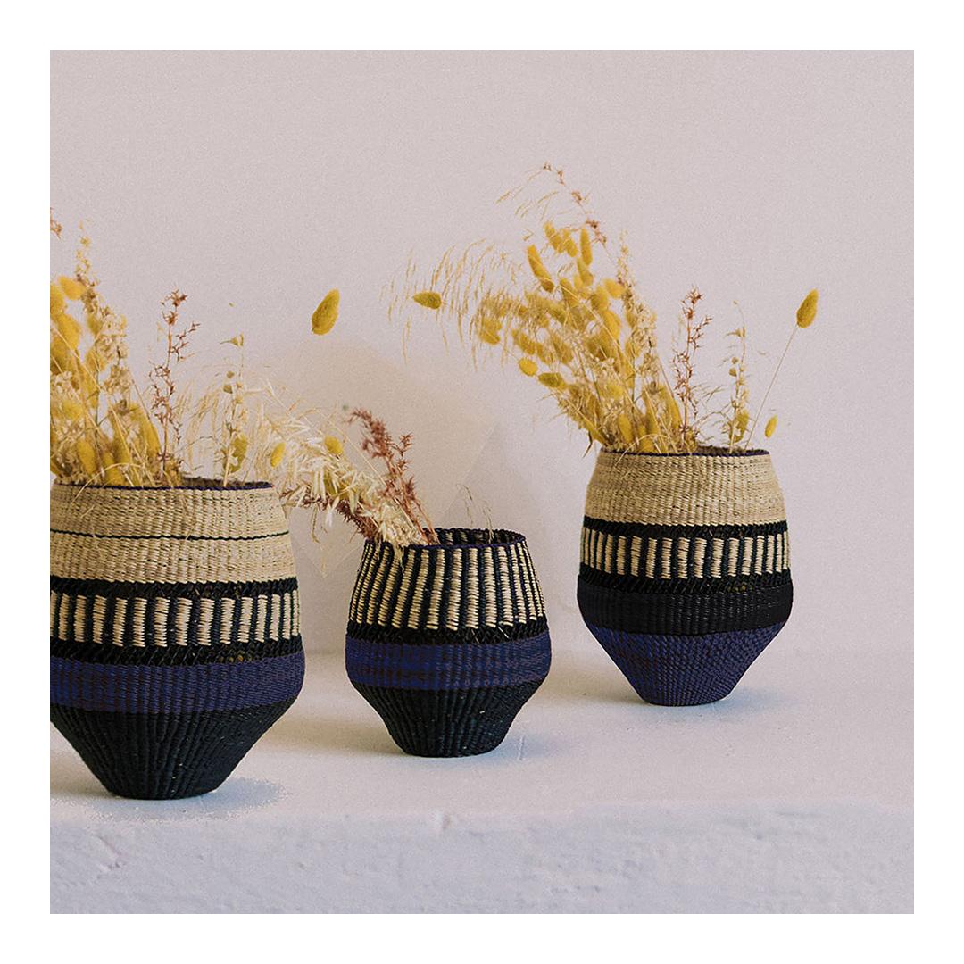 Modern Contemporary Ethnic Handwoven Straw Basket Vase Natural Indigo blue and black