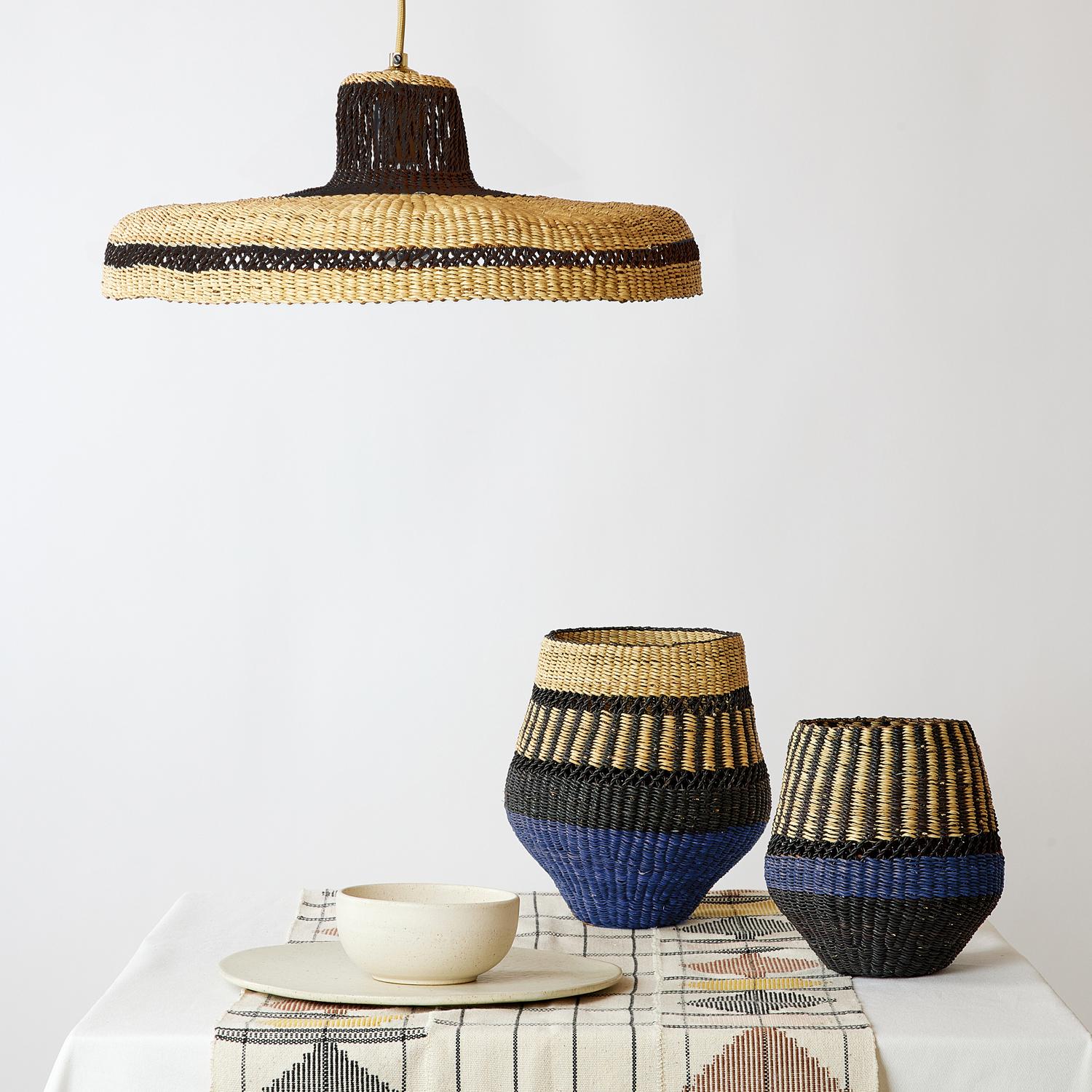 Ghanaian Contemporary Ethnic Handwoven Straw Basket Vase Natural Indigo blue and black