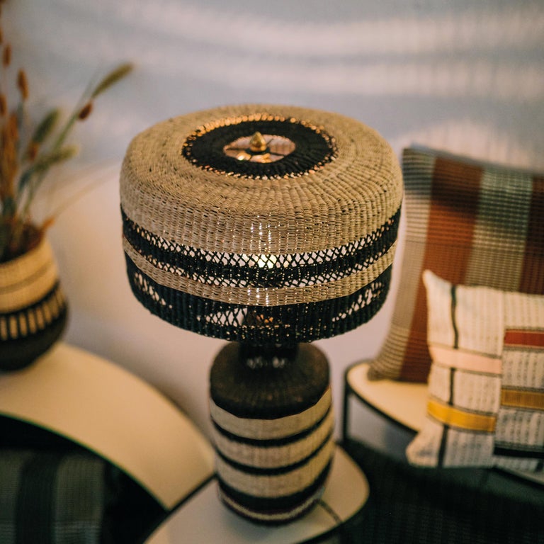 Patterned Lamp Contemporary Ethnic Patterned Table Lamp Handwoven Straw Black For Sale ...