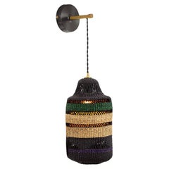 Contemporary Golden Editions Patterned Wall Lantern Handwoven Straw Black Green