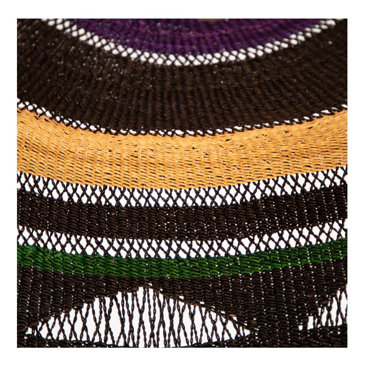 Ghanaian Contemporary Ethnic Pendant Lamp Patterned Handwoven Straw Natural Green Black