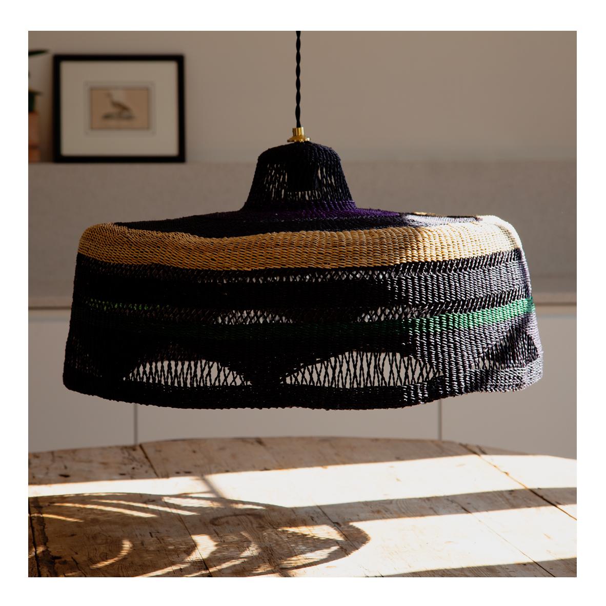 Hand-Woven Contemporary Ethnic Pendant Lamp Patterned Handwoven Straw Natural Green Black