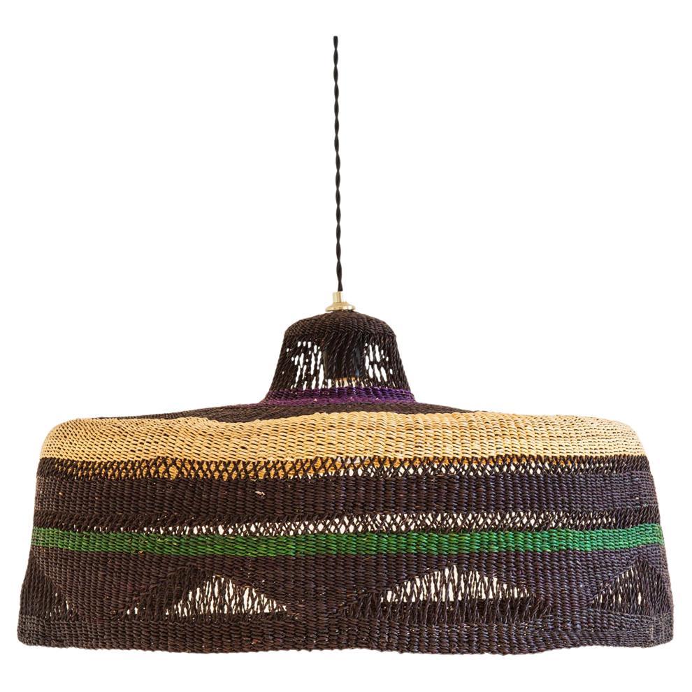 Contemporary Ethnic Pendant Lamp Patterned Handwoven Straw Natural Green Black
