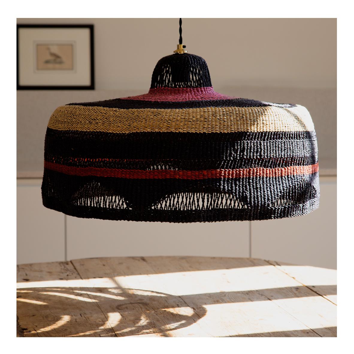 Ghanaian Contemporary Ethnic Pendant Lamp Patterned Handwoven Straw Terracotta For Sale