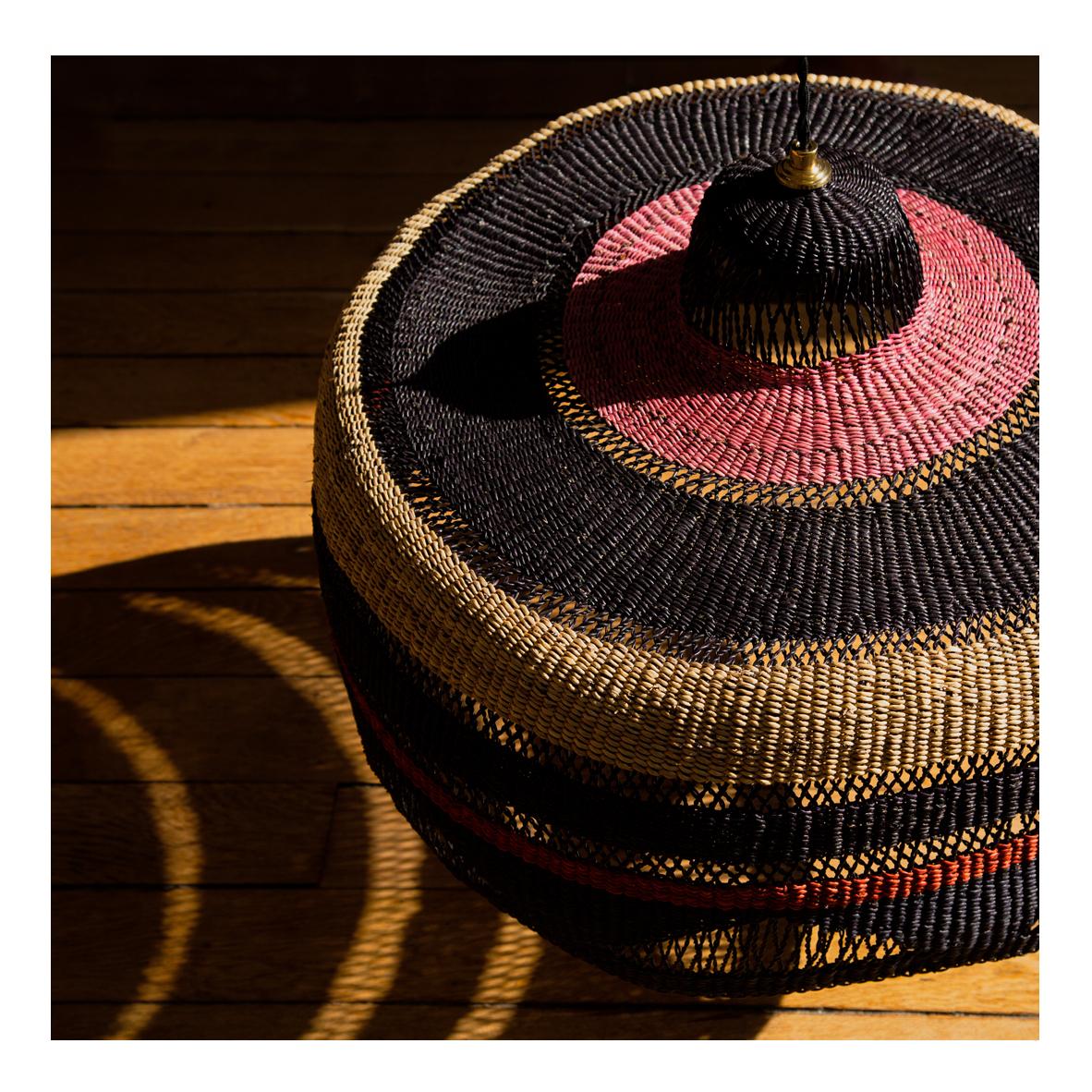 Hand-Woven Contemporary Ethnic Pendant Lamp Patterned Handwoven Straw Terracotta For Sale