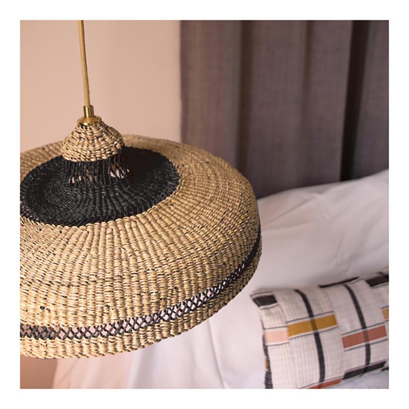 Woven Pendant Lamp HATTER + LANTERN: 
Naturally Arty
Colour: Natural and Midnight (Black)

Characteristics 
The lamp is sold ready to hang with : 
*2 meters of cloth covered cable, colour Black; 
*Gold lamp holder ; 
*Ceiling Rose in brushed Brass ;