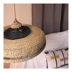 Contemporary Ethnic Sculptural Pendant Lamp Handwoven Straw Black