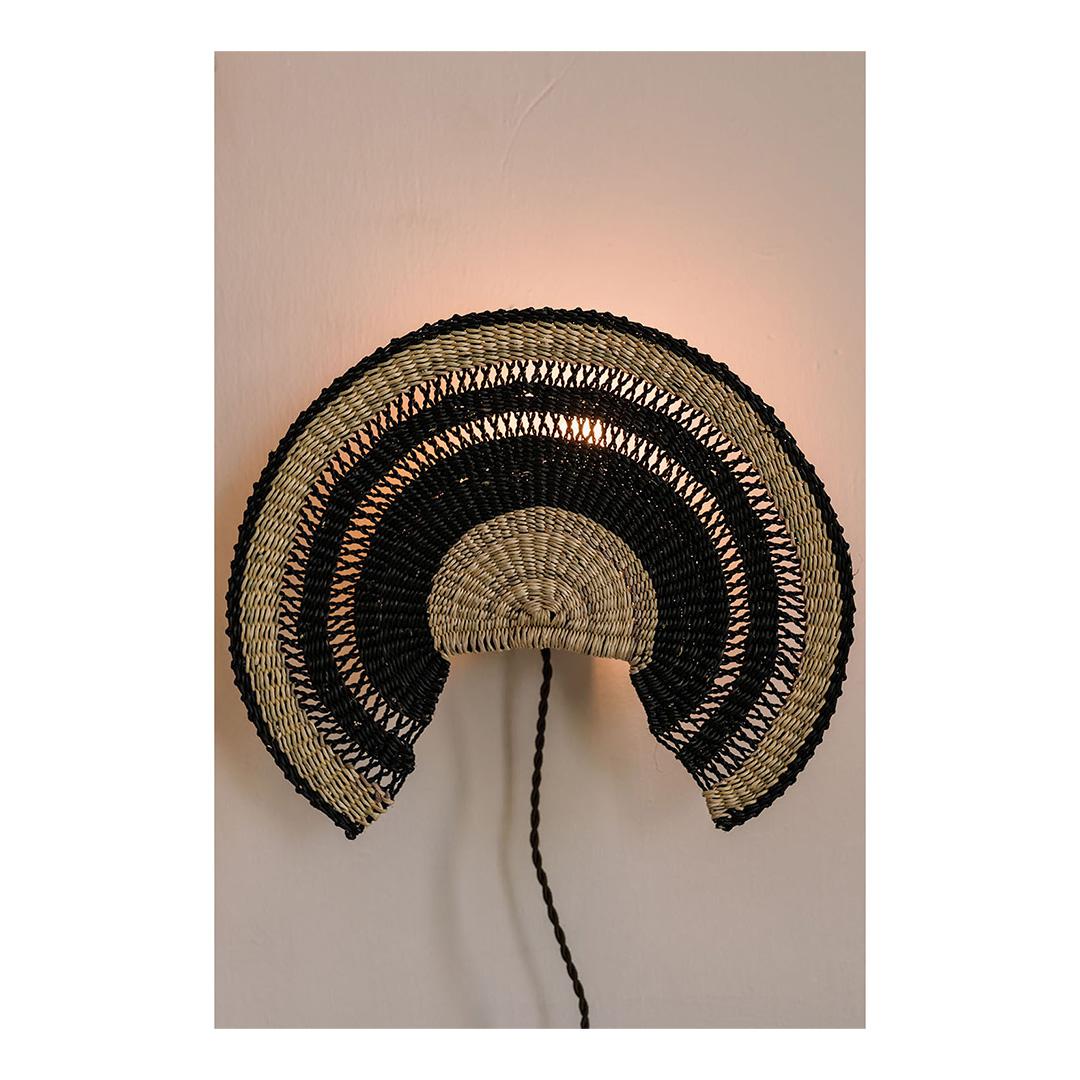 Ghanaian Contemporary Golden Editions Small Midnight Wall Lamp Handwoven Straw Black