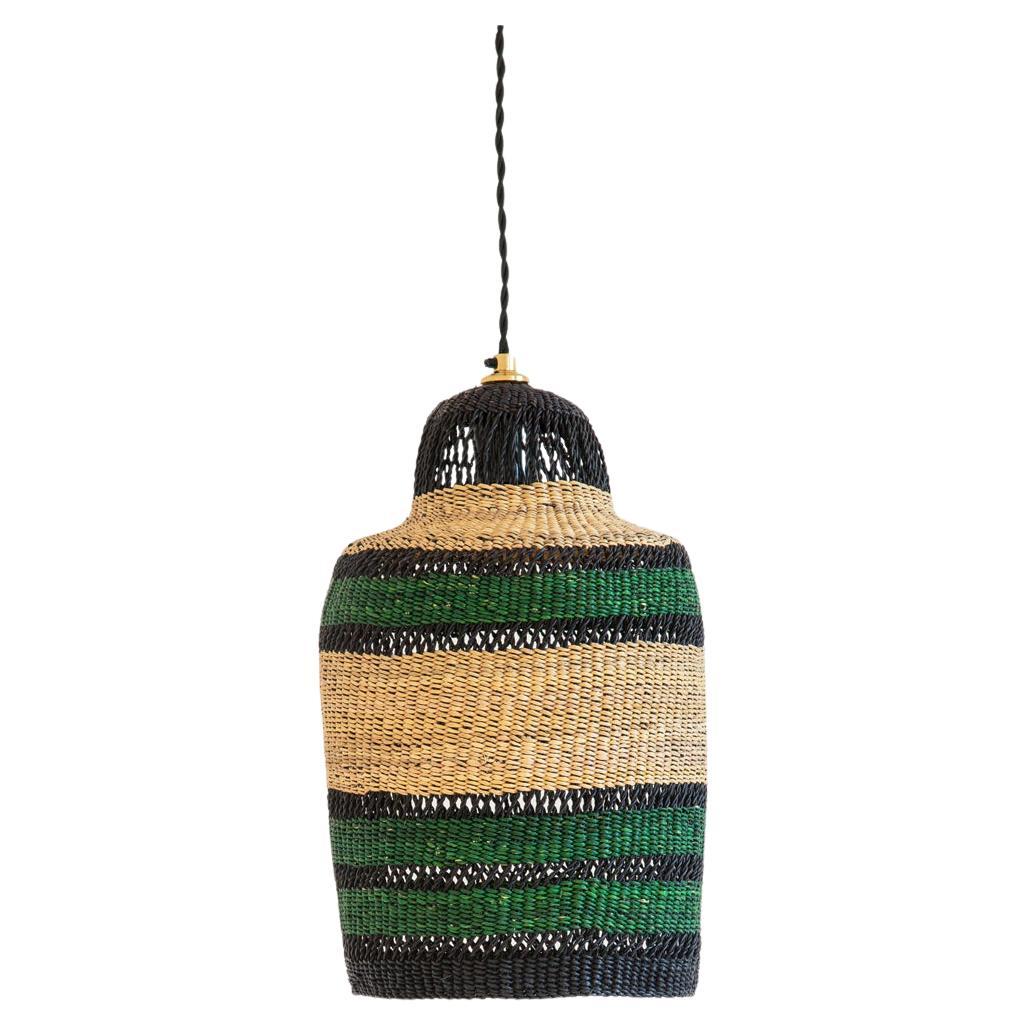 Contemporary Golden Editions Small Pendant Lamp Handwoven Straw Black Green