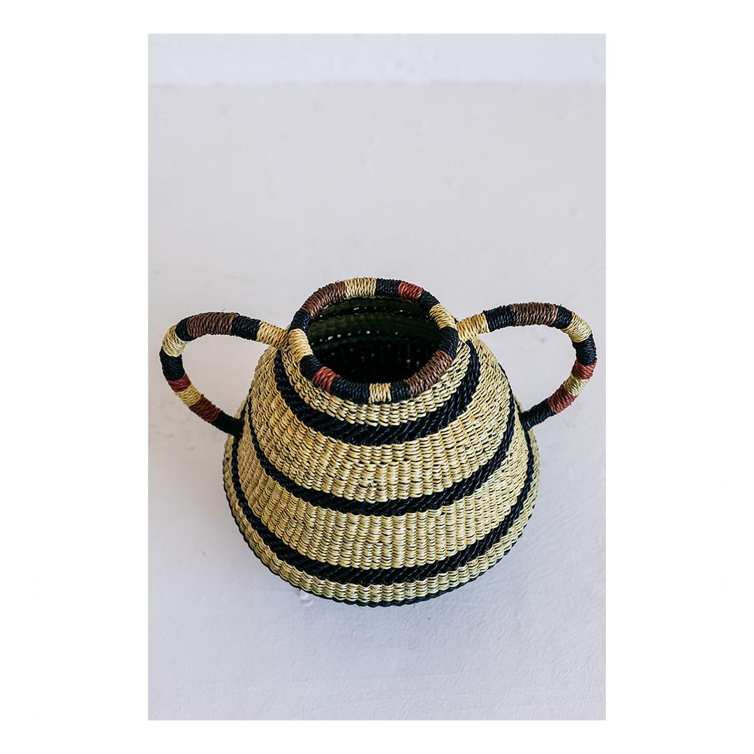 Ghanaian Contemporary Golden Editions Small Pot or Vase Handwoven Straw Striped Handle