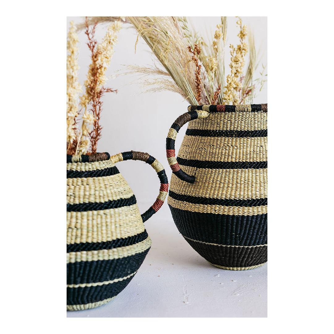 Brass Contemporary Golden Editions Small Pot or Vase Handwoven Straw Striped Handle
