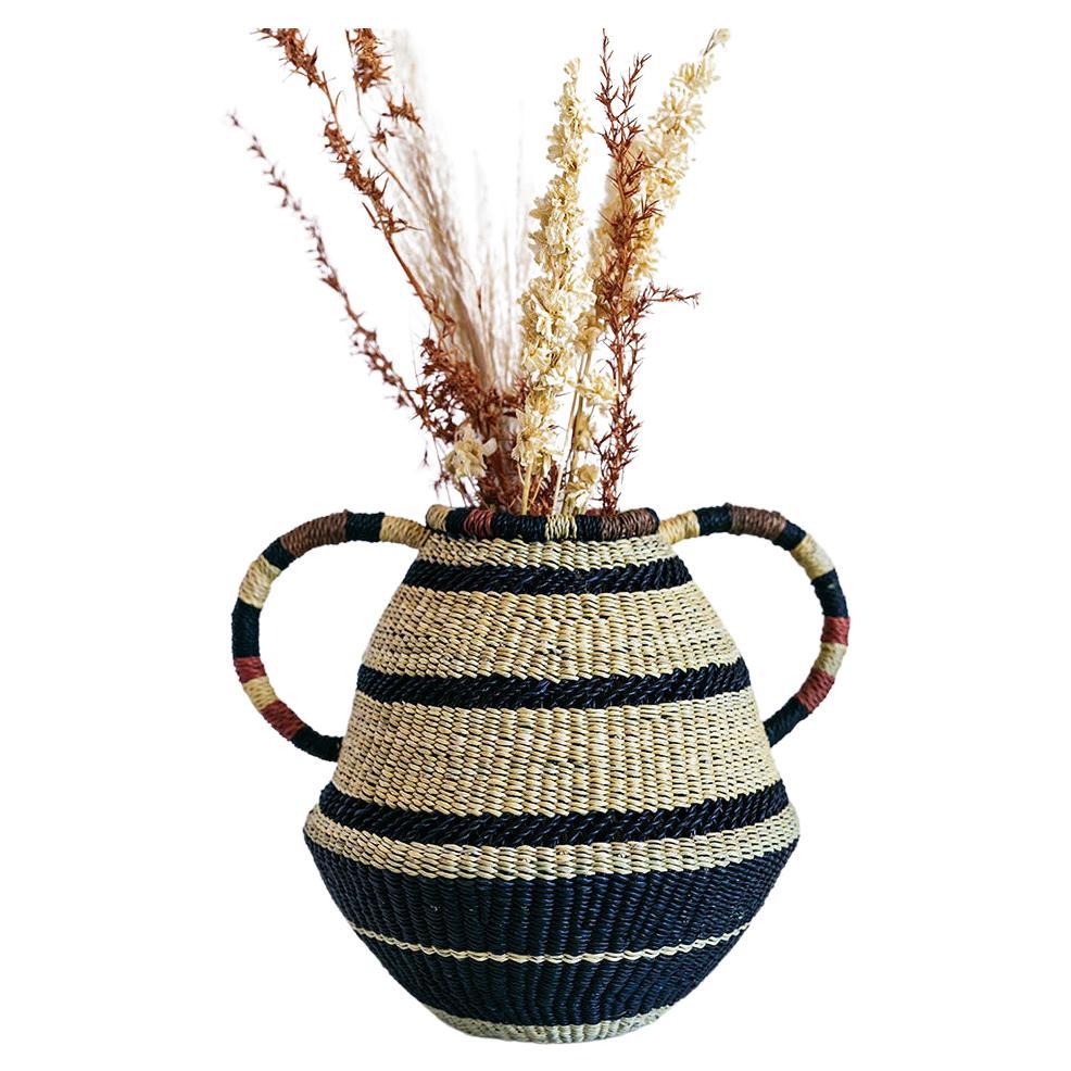 Modern Contemporary Golden Editions Small Pot or Vase Handwoven Straw Striped Handle