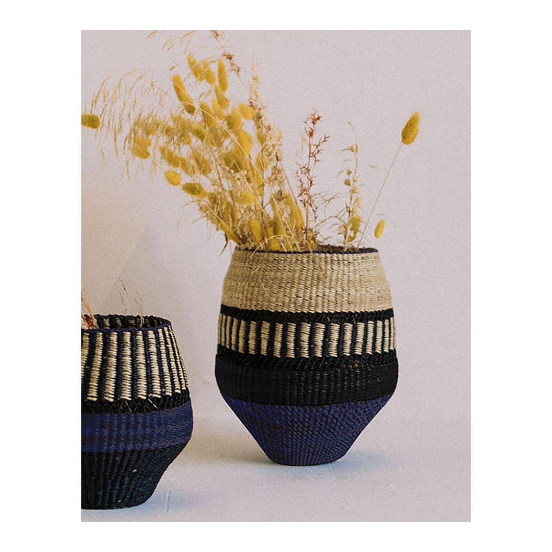 Modern Contemporary Golden Editions Small Vase Handwoven Straw Striped Indigo