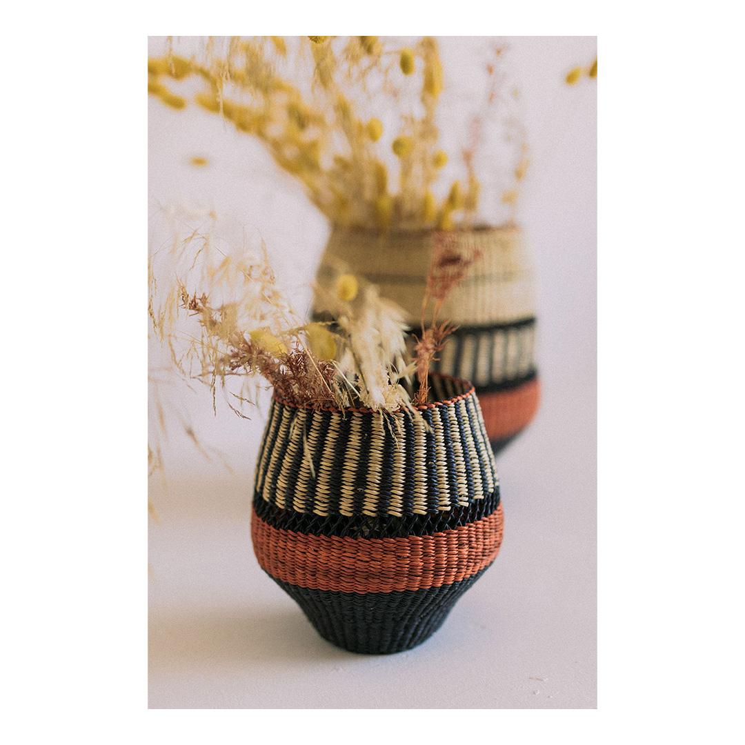 Modern Contemporary Golden Editions Small Vase Handwoven Straw Striped Terracotta