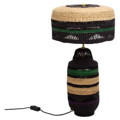 Contemporary Ethnic Table Lamp Striped Handwoven Straw Black Herb Green
