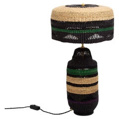 Zeitgenssische ethnische Tischlampe, gestreift, handgewebt, Stroh, schwarz, Herbgrn