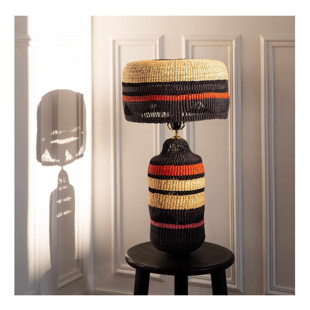 Modern Contemporary Ethnic Table Lamp Striped Handwoven Straw Black Terracotta For Sale