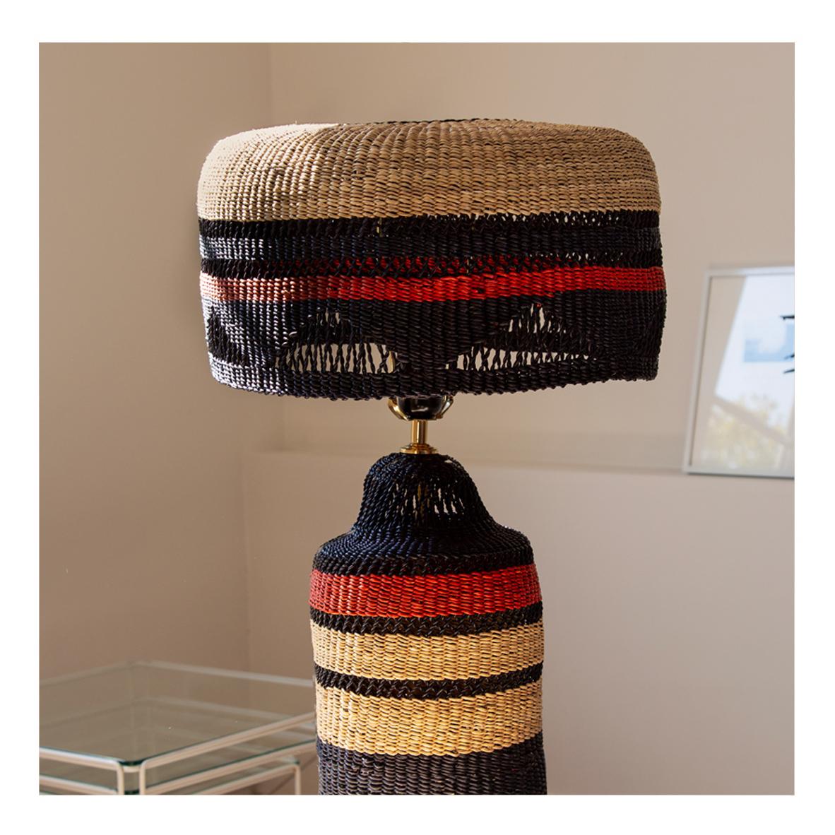 Ghanaian Contemporary Ethnic Table Lamp Striped Handwoven Straw Black Terracotta For Sale