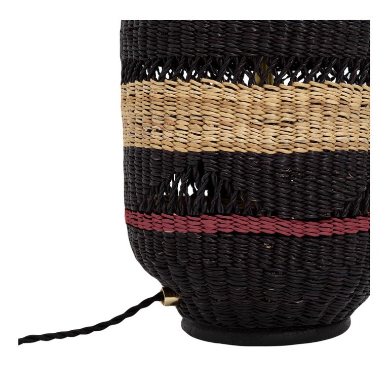 Ghanaian Contemporary Golden Editions Table Lamp Motif Handwoven Straw Black Terracotta For Sale