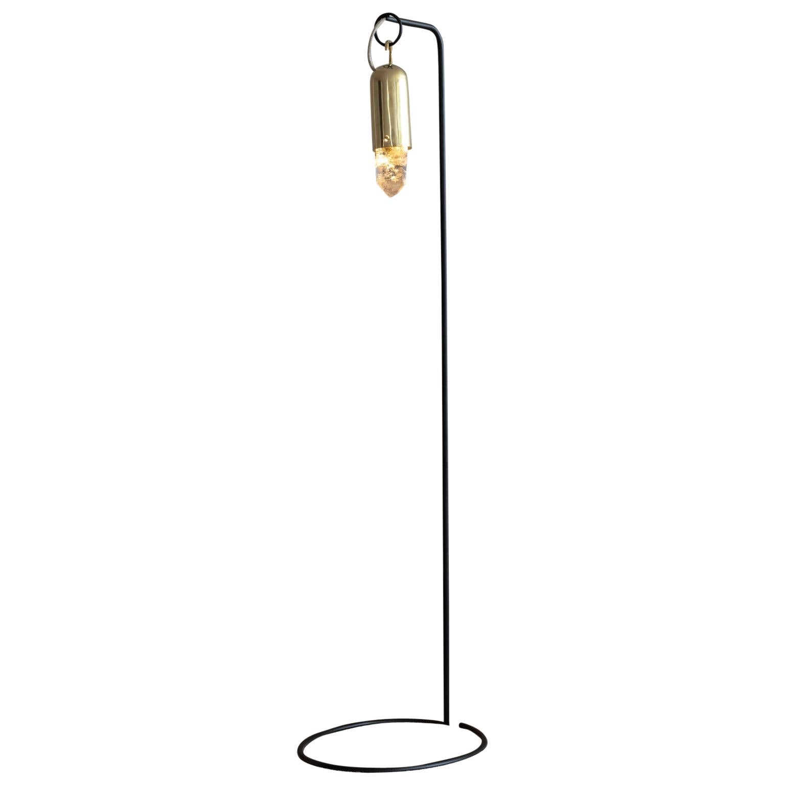 "Sino" Contemporary Golden Floor Lamp in Cast Brass and Illuminated Raw Crystal For Sale
