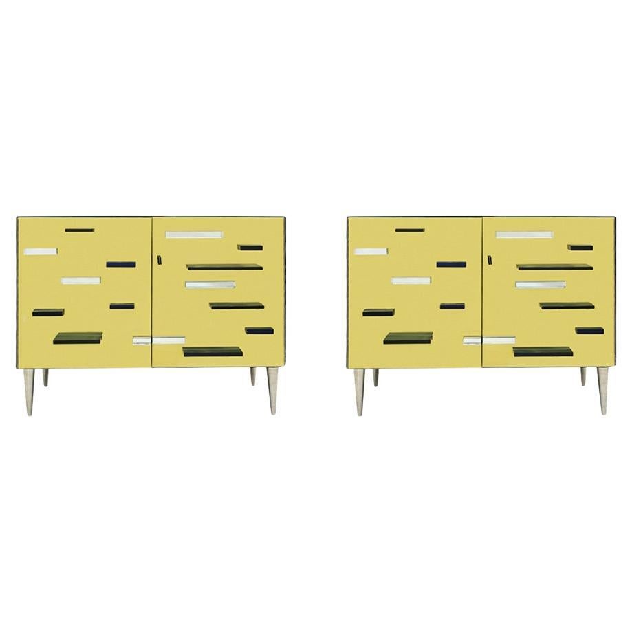 Italian Cabinets Made of Golden Murano Glass Mirror and Brass, Contemporary For Sale