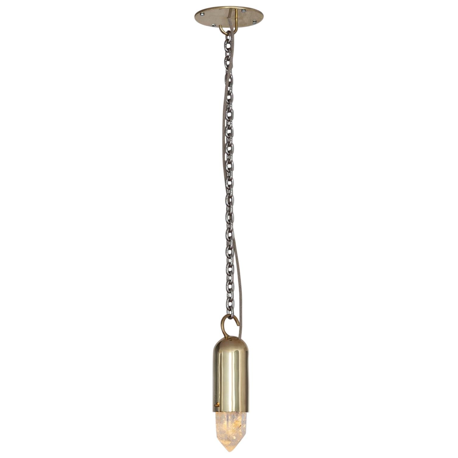 "Sino" Pendant in Cast Brass and Illuminated Raw Crystal by Estudio Orth For Sale