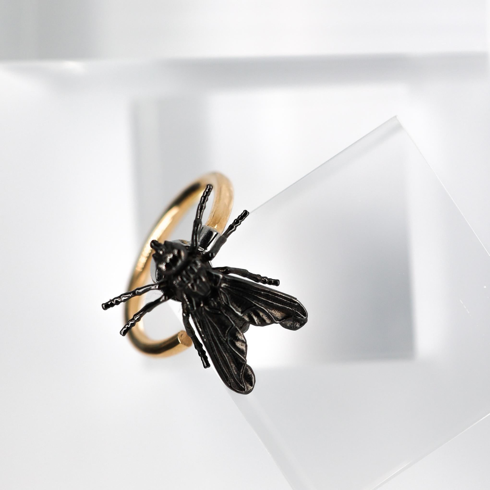 Women's or Men's Contemporary Golden Ring with Insect, 18K Yellow and Black Gold