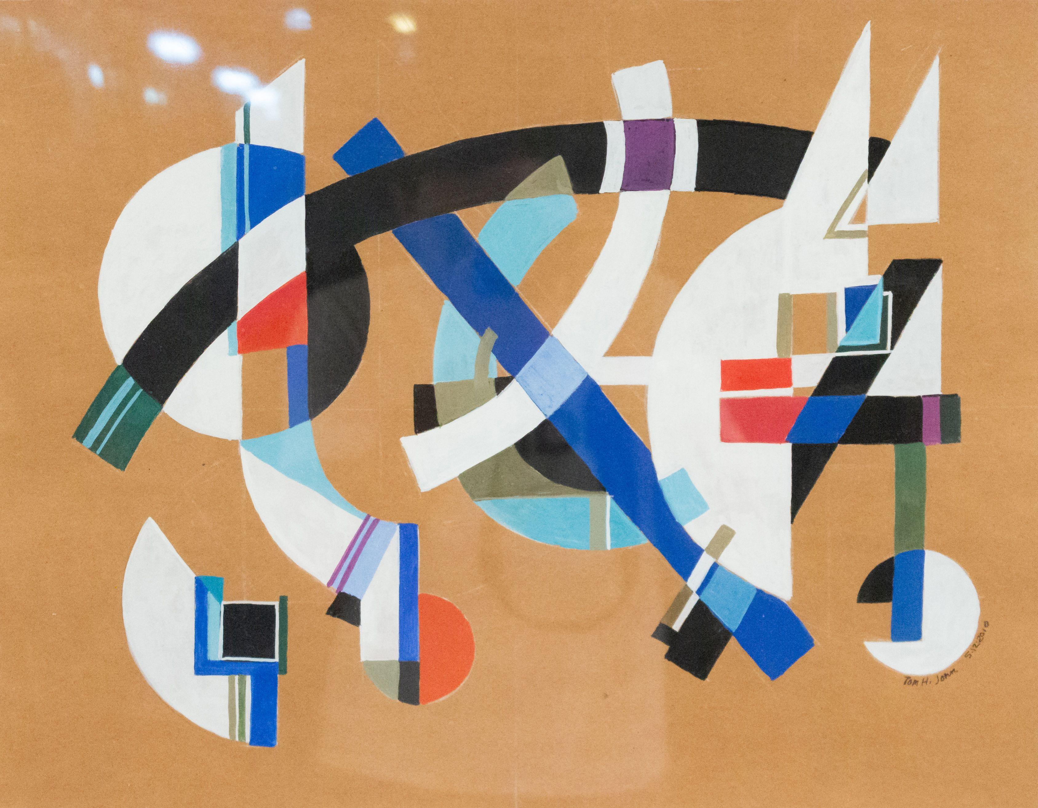 Peinture abstraite contemporaine à la gouache et au crayon sur papier dans un cadre rectangulaire noir (TOM JOHN, 2010).
 