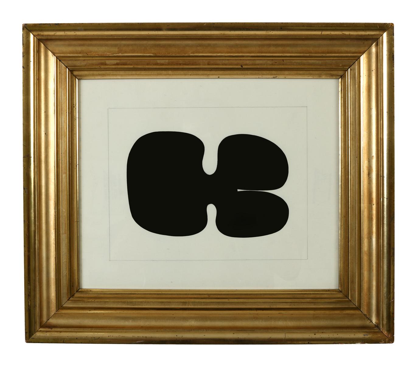 An abstract gouache work in black and white. The juxtaposition of the contemporary work in a traditional gilt wood frame make this piece quite striking. One of three similar works in our inventory.