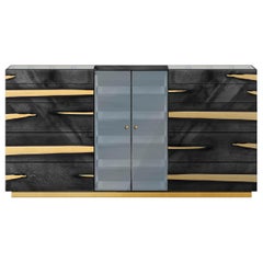 Contemporary Grace Chest of Drawers in Brass with Oak Veneer, High Gloss, Inlay