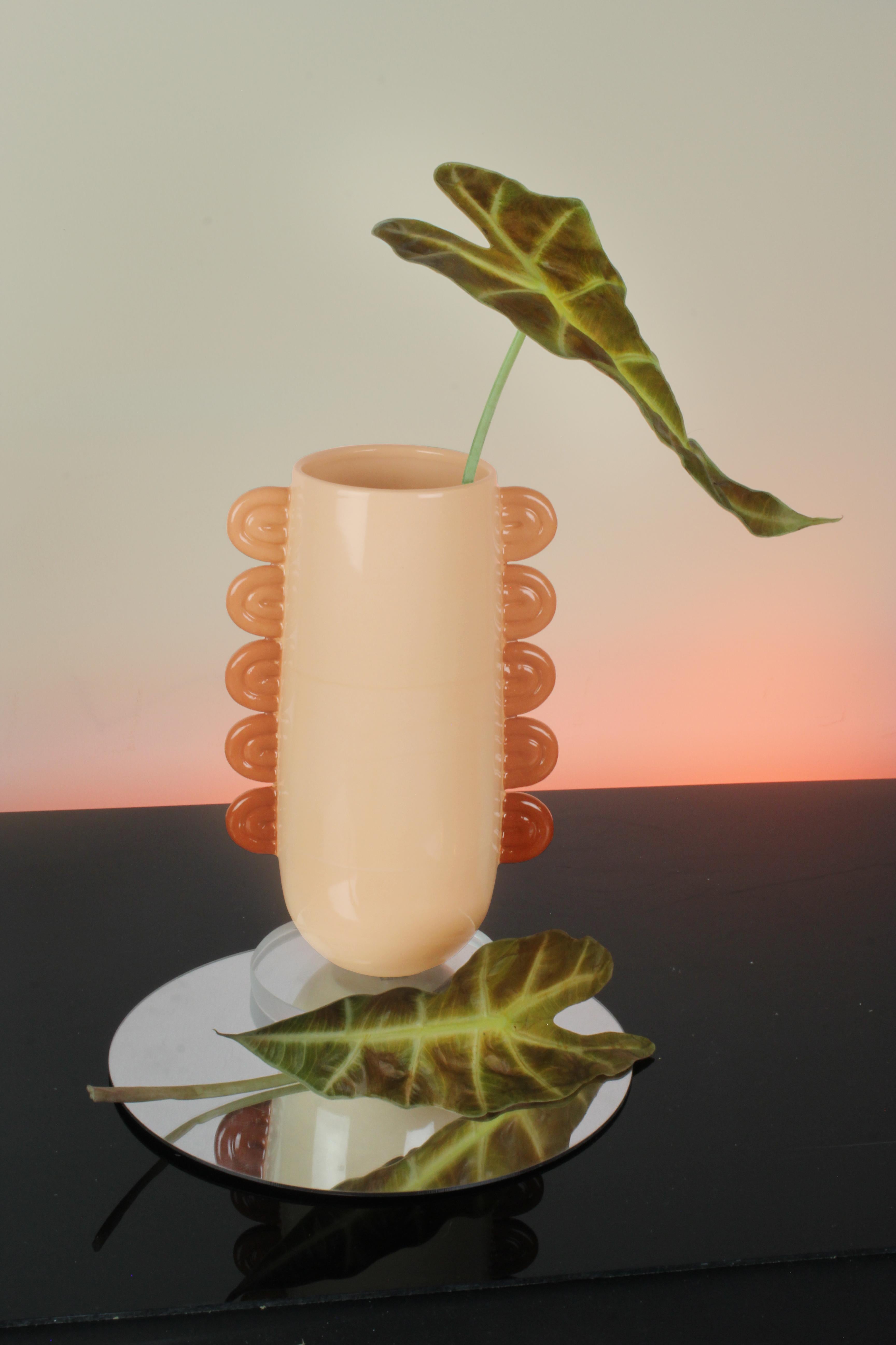 Handmade ceramic vase. Made with custom tinted clay in a gradient of sienna and peach, covered with a clear, glossy glaze. Handmade by Malka Dina in Brooklyn, NY.
Due to the handmade nature of this item, each piece will be slightly unique and some