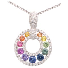 Contemporary Graduating Rainbow Sapphire and Diamond Pendant in 18k White Gold