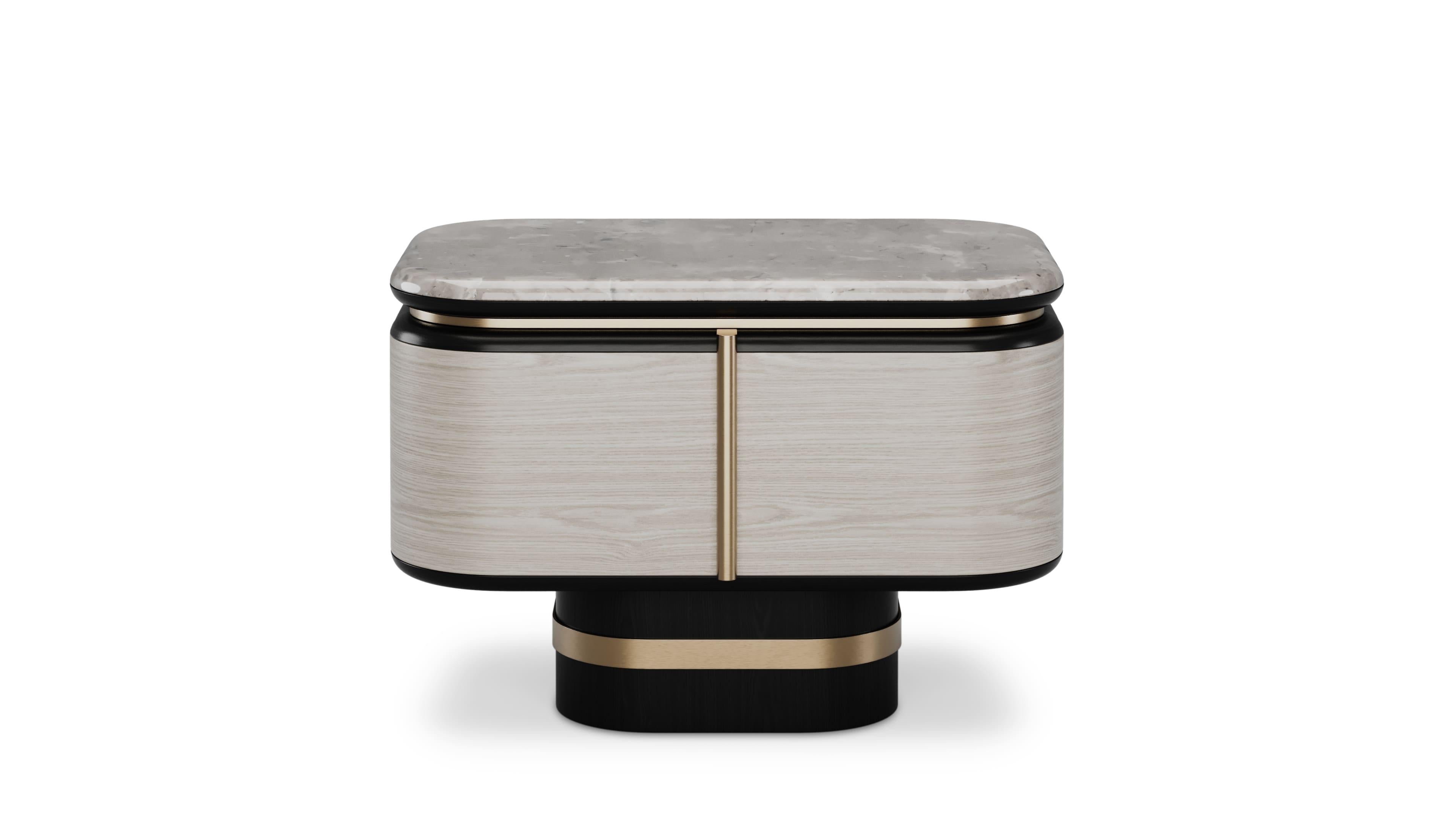 Portuguese Contemporary Gralto Black Bedside Table With Grey Koto Wood Leg For Sale