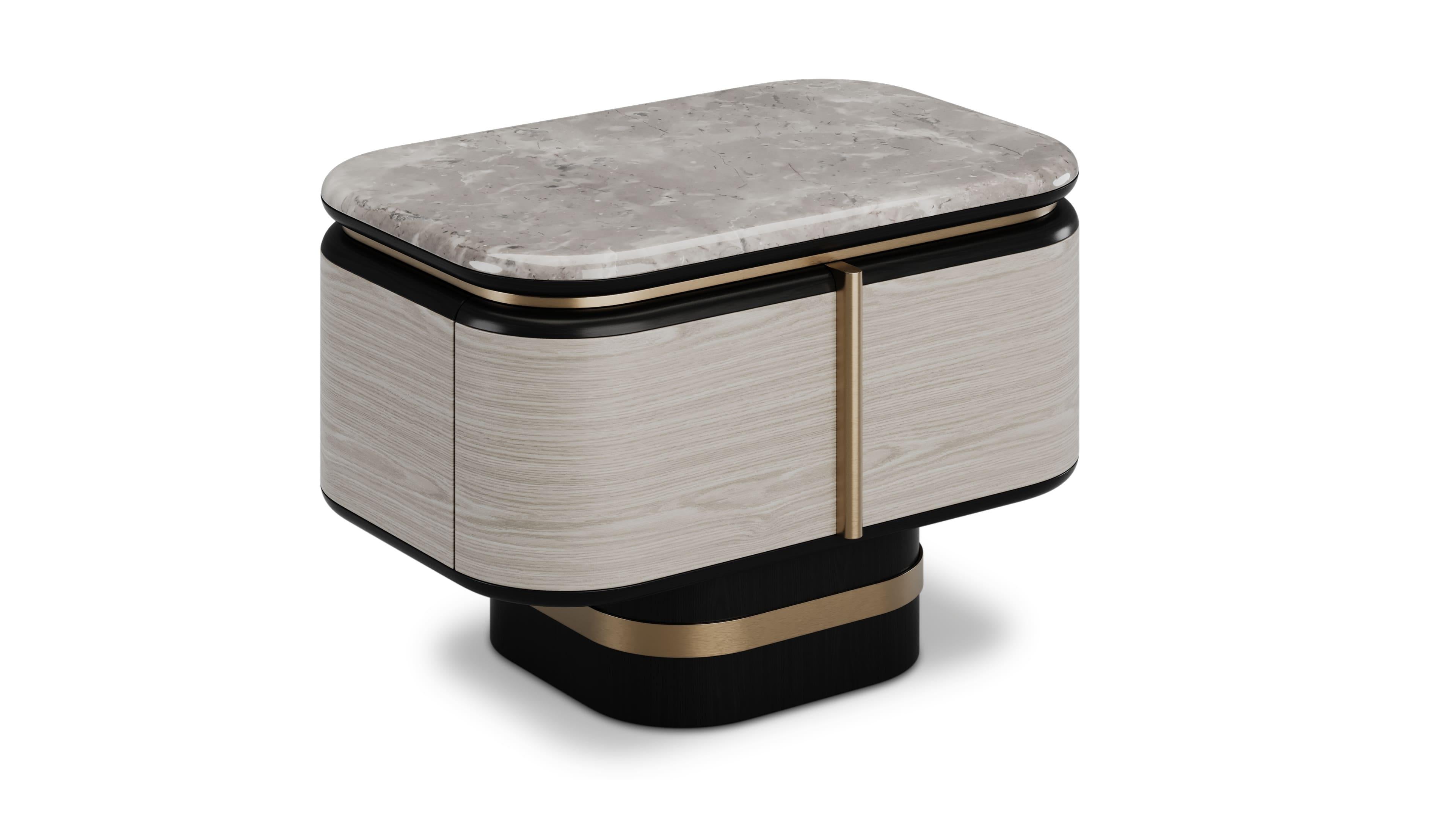 Brushed Contemporary Gralto Black Bedside Table With Grey Koto Wood Leg For Sale