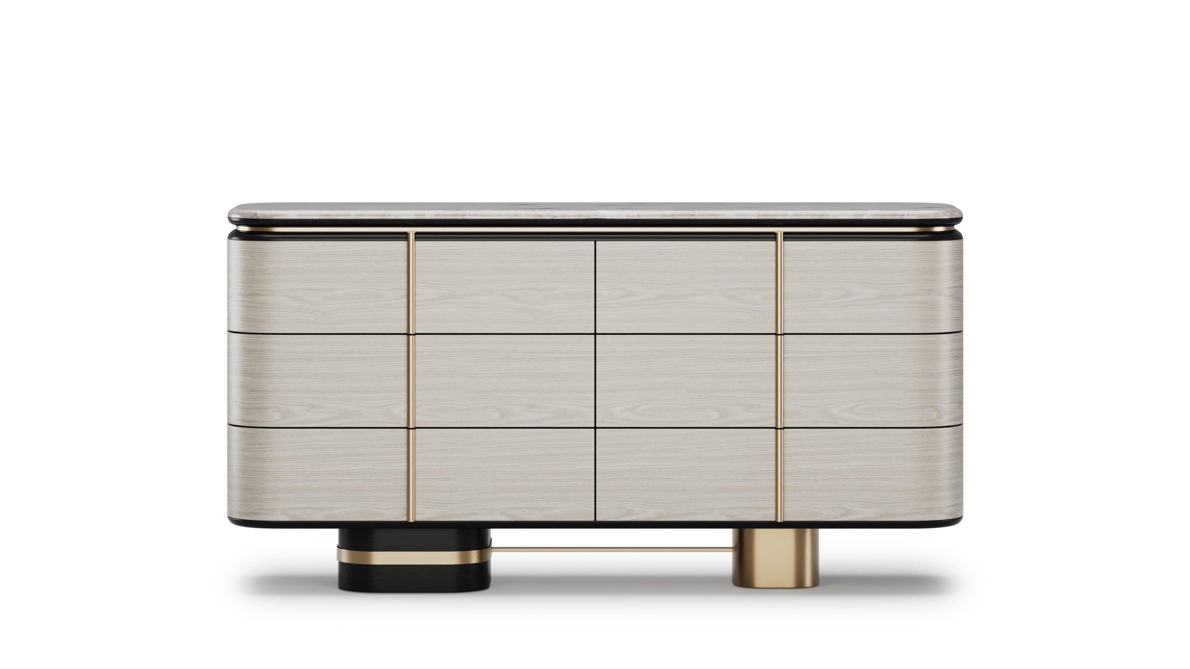 Portuguese Contemporary Gralto Dresser With Metallic Details And Marble Top For Sale