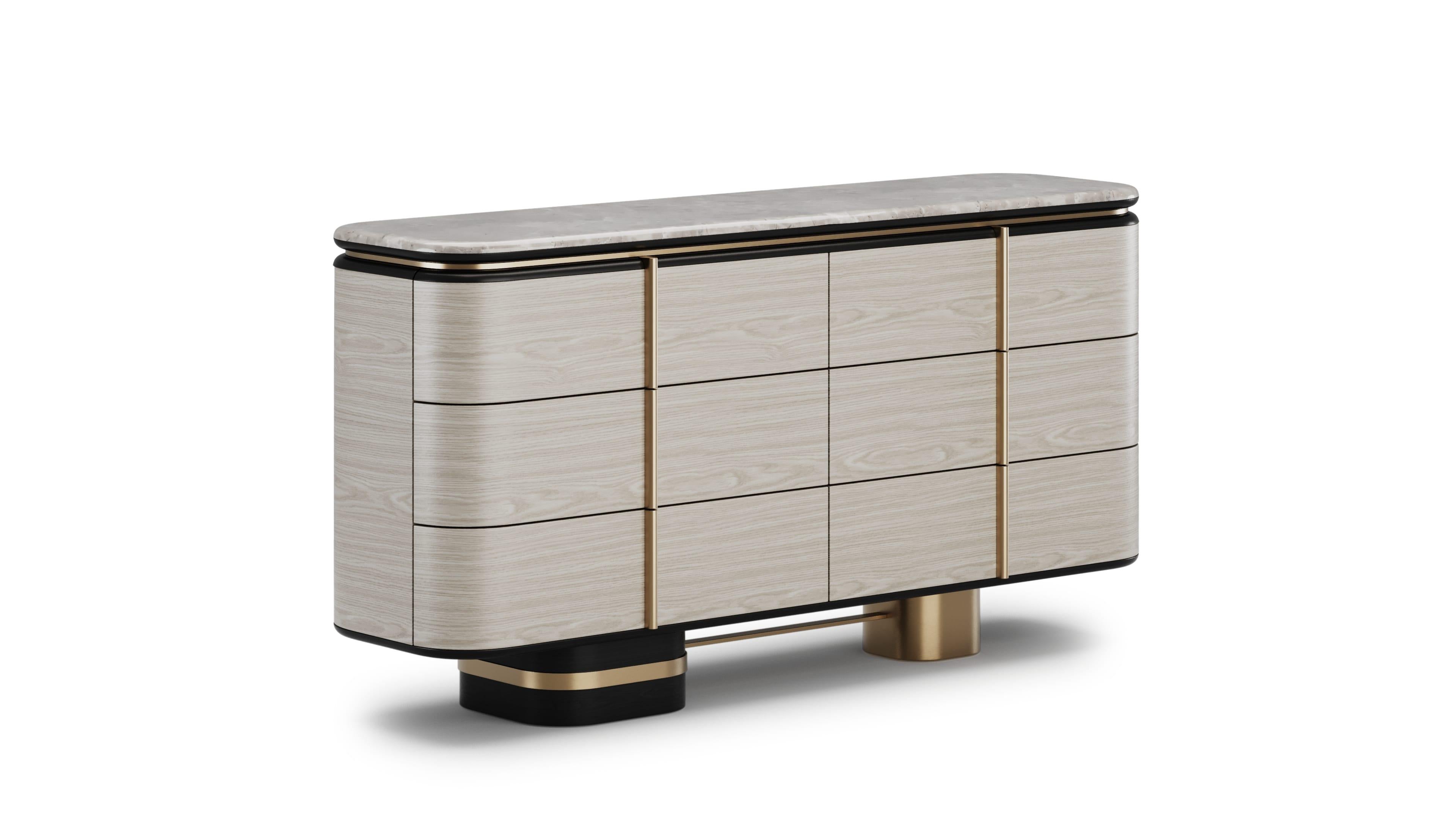 Brushed Contemporary Gralto Dresser With Metallic Details And Marble Top For Sale