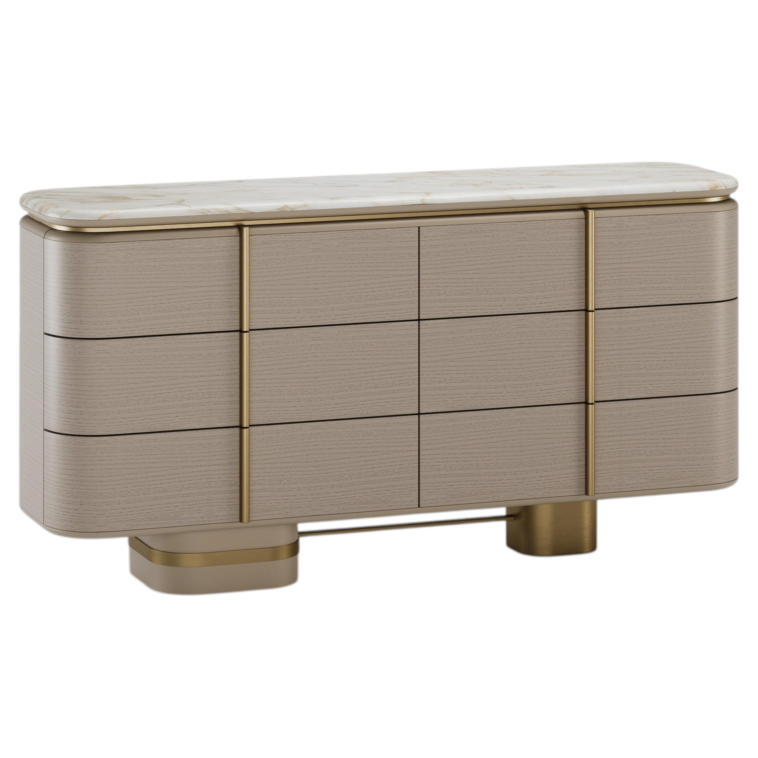 Contemporary Gralto Dresser With Metallic Details, Marble Top and Wood Structure For Sale