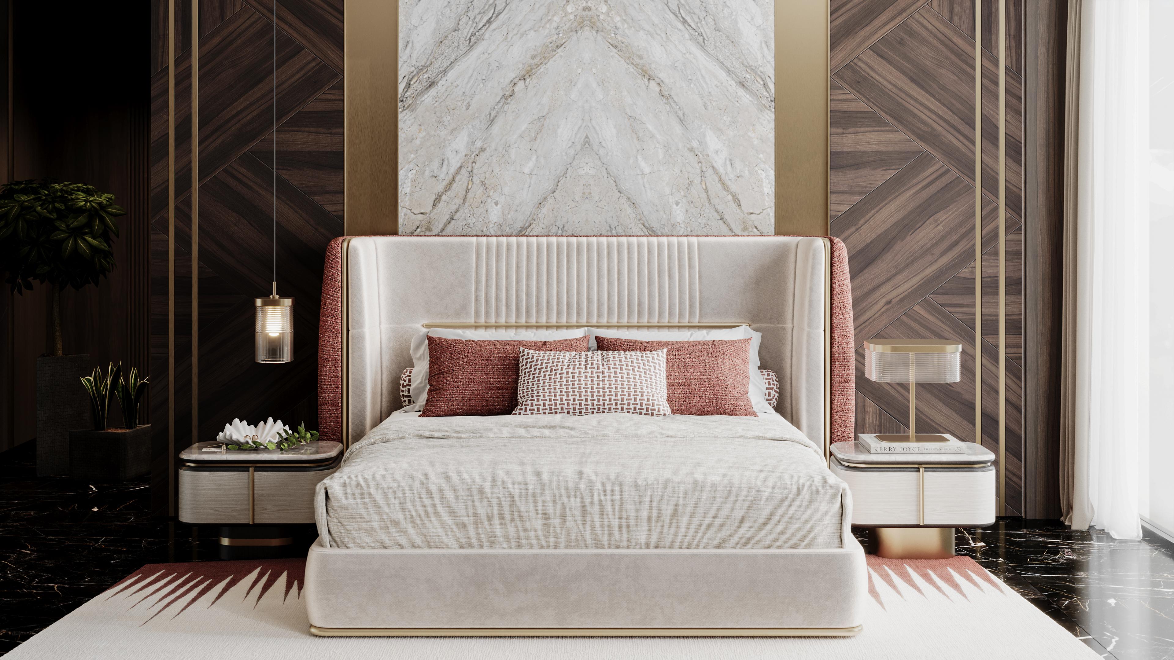 Gralto gold bedside table offers a unique design who features a brushed brass leg, adding a sleek and modern touch to its appearance. This piece incorporates a light wood finish, black wood accents, and brushed brass details, creating a striking