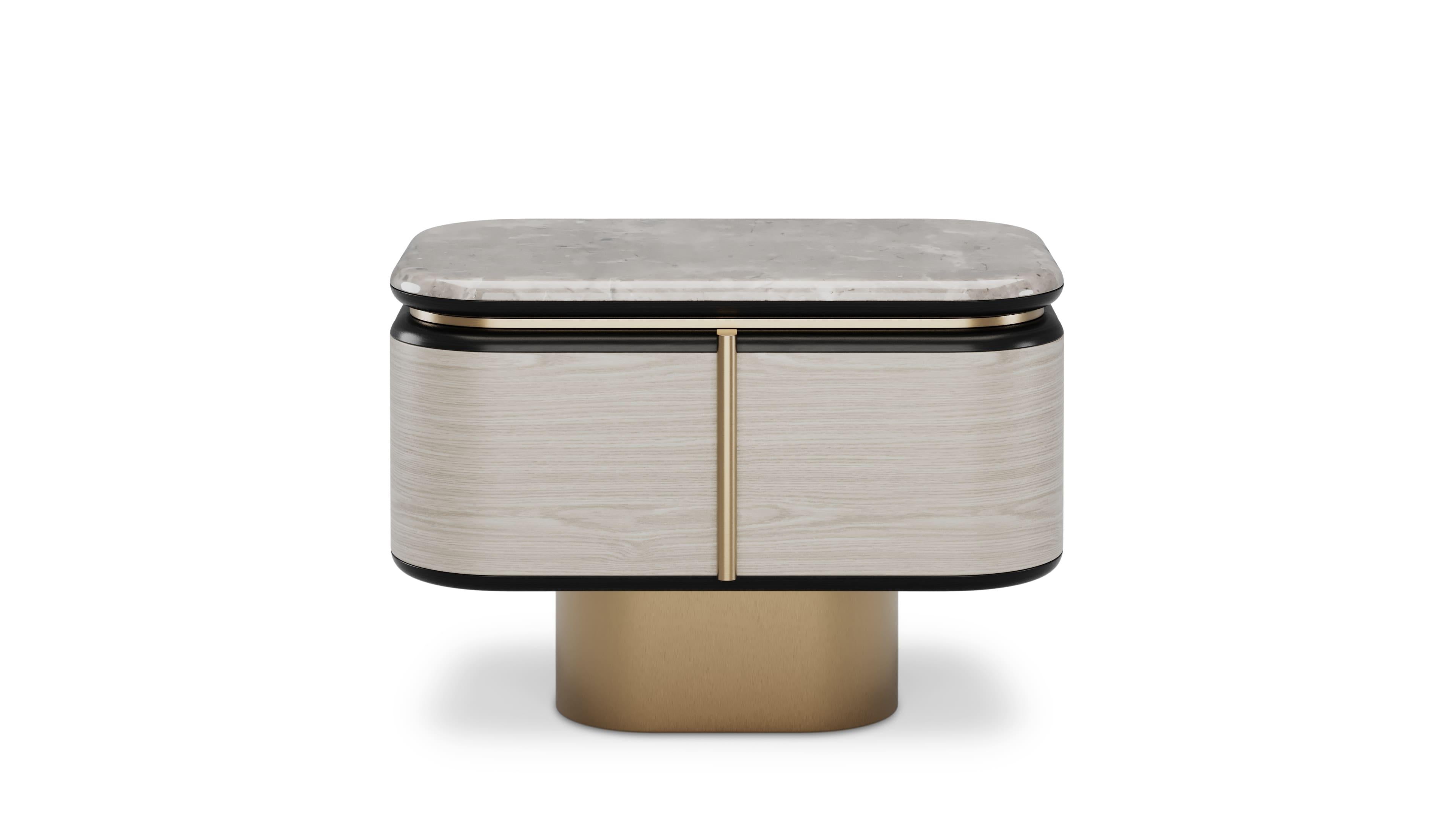Mid-Century Modern Contemporary Gralto Gold Bedside Table With Brushed Brass Finish Leg For Sale