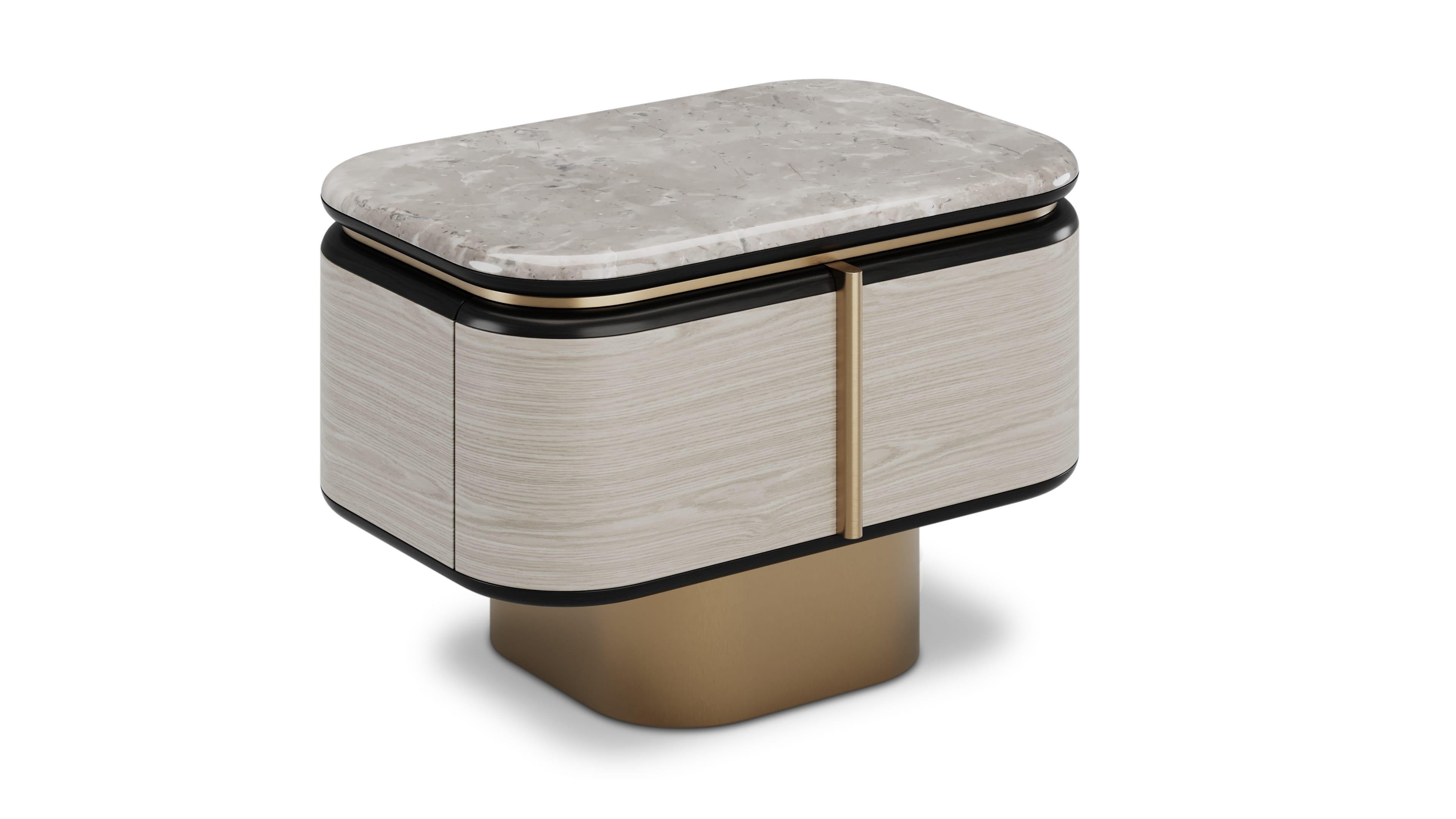 Portuguese Contemporary Gralto Gold Bedside Table With Brushed Brass Finish Leg For Sale