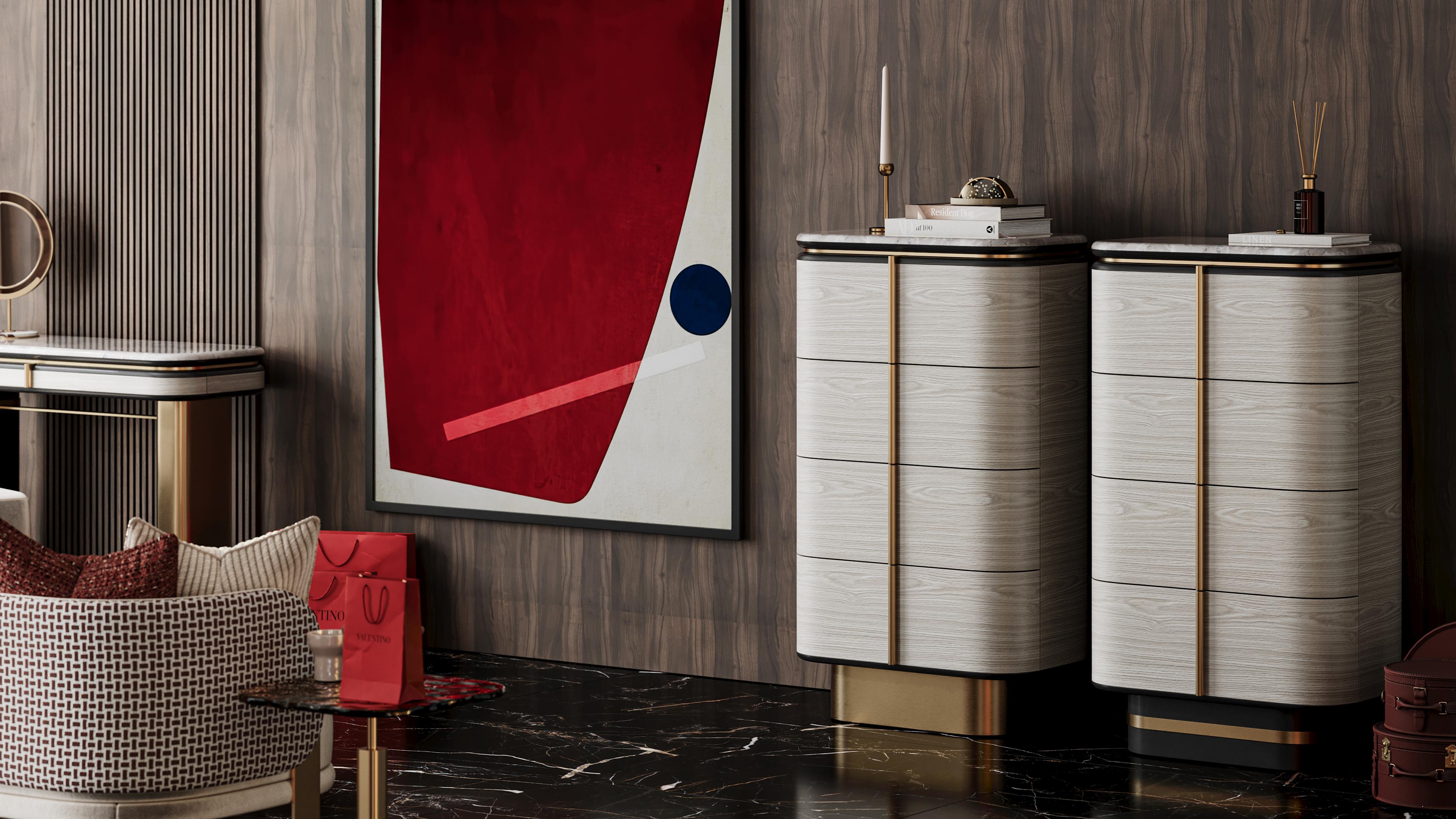 Velara tall dresser features a lacquered finish with 3D-re lief doors, adding depth and a unique texture to its design. Brushed brass handles and details bring a luxurious touch, while the marble top enhances its elegance. An open central section